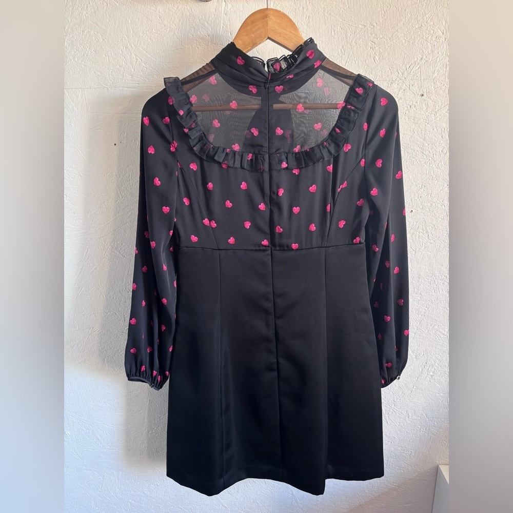 PORTS Silk Black Red Heart Pattern Long Sleeve Ruffle Bow Tie Mini Dress - Picture 10 of 14